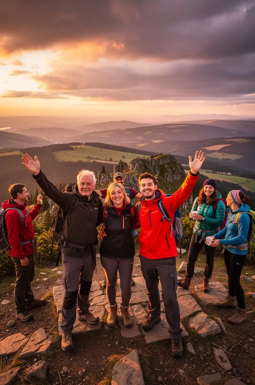 Wanderer beim Packen der gemieteten Ausrüstung vor dem Start einer Tagestour durch deutsche Mittelgebirge.
