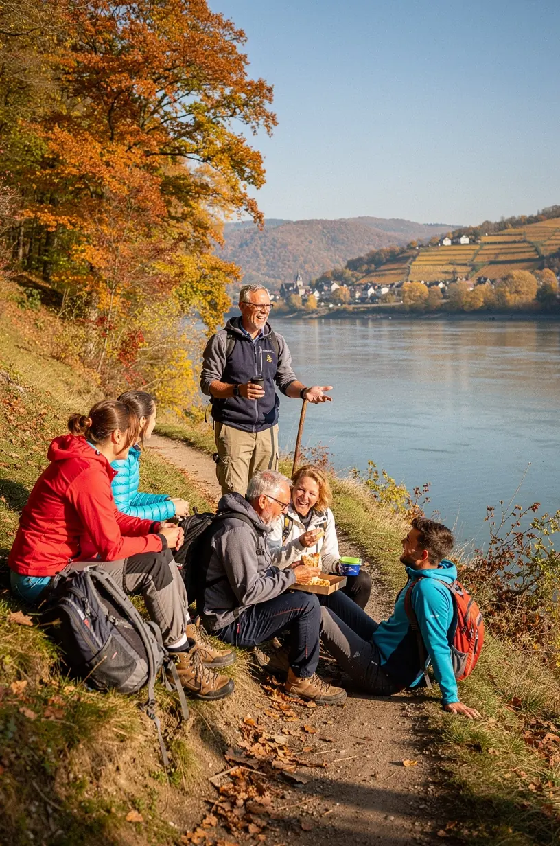 Gruppenfoto einer zufriedenen Wandergruppe nach einer geführten Tour mit Blick auf eine beeindruckende Landschaft.
